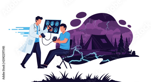 Medical Checkup Under Wild Camping Conditions Near a Raging Storm: An Illustration