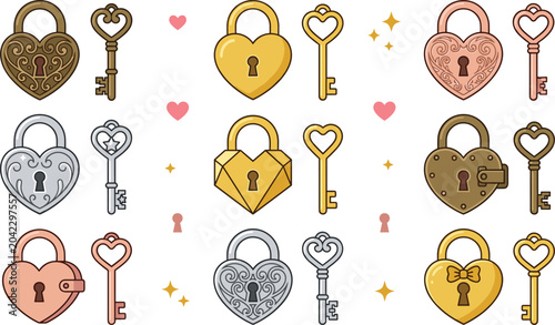 Vintage Heart Padlock and Key Set Featuring Romantic Love Lock Symbols in Gold, Silver, Bronze, and Rose Gold Vector Style