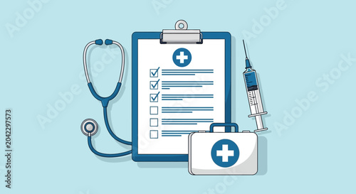 Medical Checkup Visual: A Healthcare Illustration with Checklist, Syringe, Tools