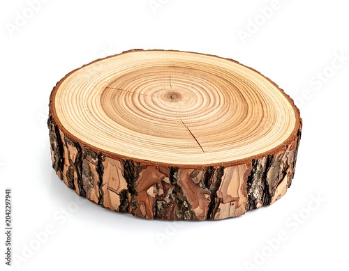 A cut tree trunk with visible rings on a white background