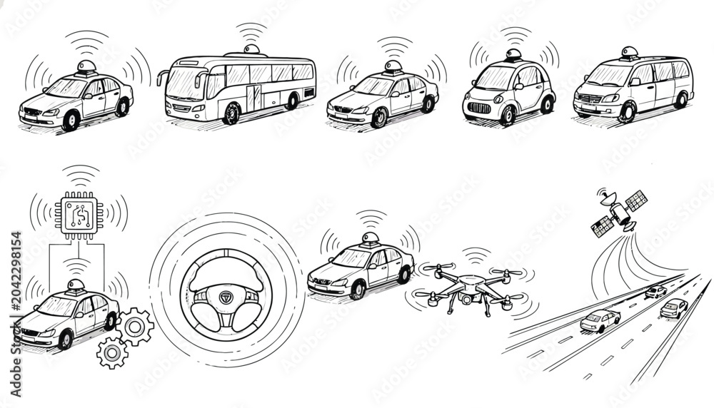Fototapeta premium Autonomous vehicle icons set showing self driving car technology sensor systems drone communication satellite connection and smart transport research development.