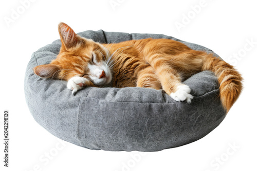 Tranquil Slumber: Grey Cat Bed Chronicles. White or PNG Transparent Background.