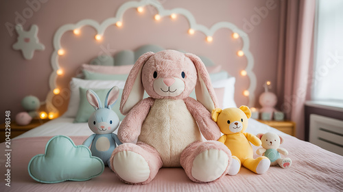 A cozy bedroom scene with a plush toy arrangement on a pink bedspread