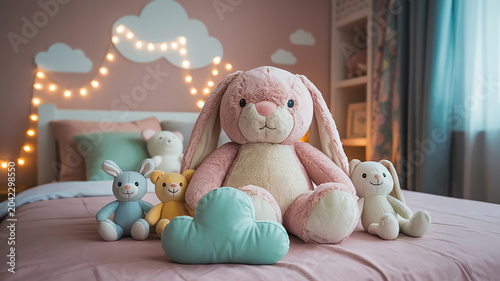 A cozy bedroom scene with a plush toy arrangement on a pink bedspread