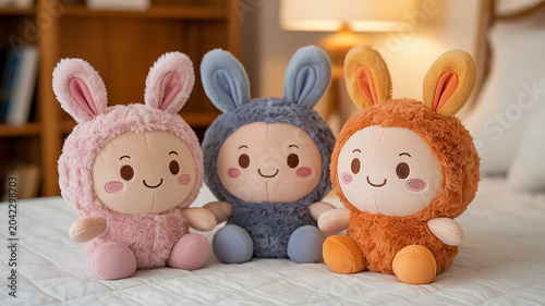 A close-up photograph of three cute plush toys sitting on a white textured fabric surface