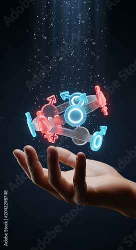 A hand presents glowing icons of male and female symbols floating upwards.
