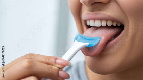 A close-up photograph of dental hygiene, showing a person's mouth and hand holding a light blue tongue scraper tool