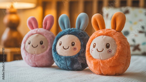 A close-up photograph of three cute plush toys sitting on a white textured fabric surface