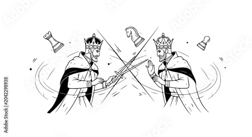 Schilderij op canvas Two Kings in Chess Battle, Sword Fight, Strategy Game Concept, Black and White L