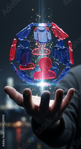 A futuristic glowing orb floats above a person's outstretched hand showcasing diverse human silhouettes in a dark urban environment at night.