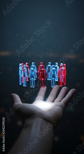A hand holds glowing red and blue human figures in a dark environment.
