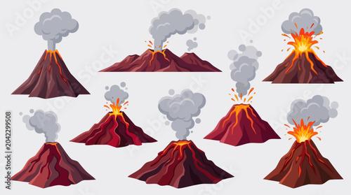 Foto Volcanoes erupting in various stages vector eruption