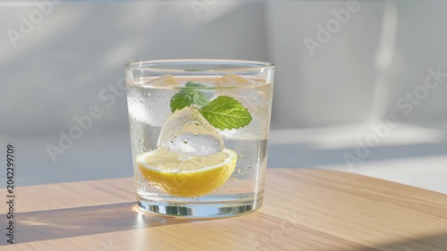 Refreshing Lemon Mint Water in a Glass Illustrating Healthy Hydration and Wellness on a Sunny Table