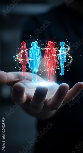 A person displays glowing human silhouettes in their hand amidst a dark background.