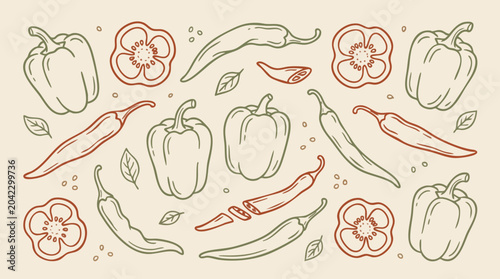 Quadro su tela Peppers and chilies line art on beige background
