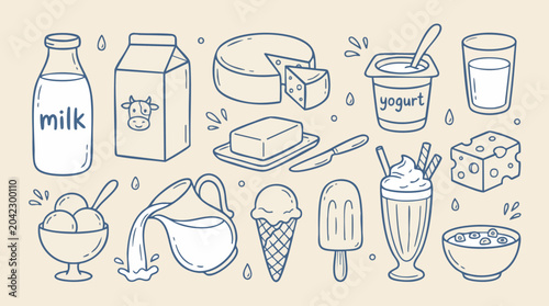 Dairy products line illustration milk cheese yogurt