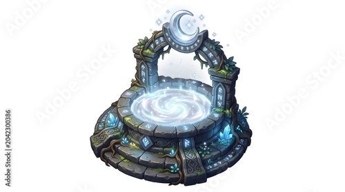 3D Moonwell Icon, Enchanted Stone Fountain Filled with Liquid Moonlight Fantasy Game Asset Isolated