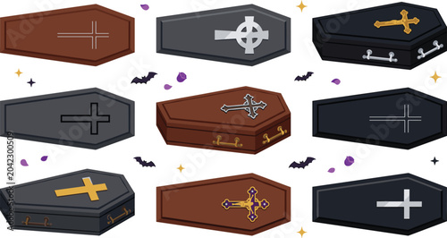 Photos Halloween Coffin Vector Collection with Gothic Caskets, Vampire Coffins, and Spo