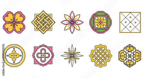 Tableau sur toile Set of decorative geometric flower motifs and symmetric patterns featuring ornamental mandala styles for artistic crafts textile printing and floral design