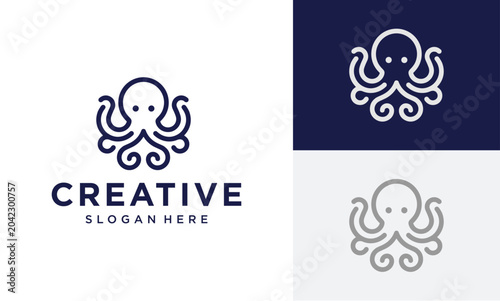 Minimalist monoline octopus logo design with flowing tentacles. Stylish vector graphic for contemporary branding, marine businesses, or unique visual identity projects