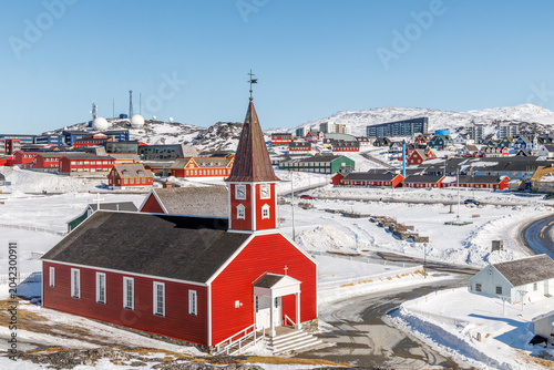 Tableau sur toile Church of Our Saviour, the Lutheran Cathedral, standing in snowy Old Nuuk with t