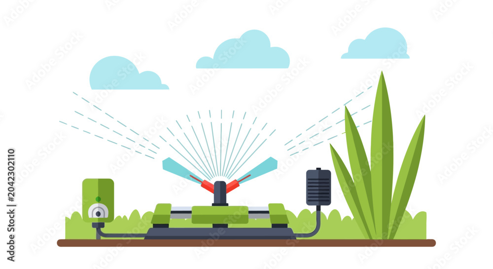 Naklejka premium Smart Garden Irrigation System Vector with Automatic Lawn Sprinkler and Water Control Technology