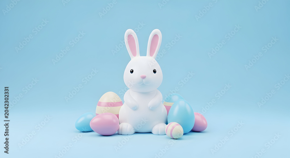 Obraz premium A white ceramic bunny surrounded by colorful easter eggs on a pastel blue background.