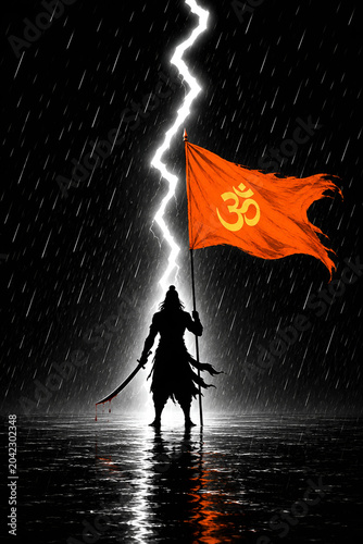 Silhouette of Hindu Warrior with Sacred Orange 
Om Flag in Rain and Lightning, Sanatan Dharm 
Dramatic Dark Spiritual Art