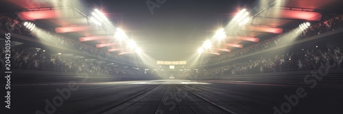 Professional sports arena with bright floodlights and cheering crowd in stands.