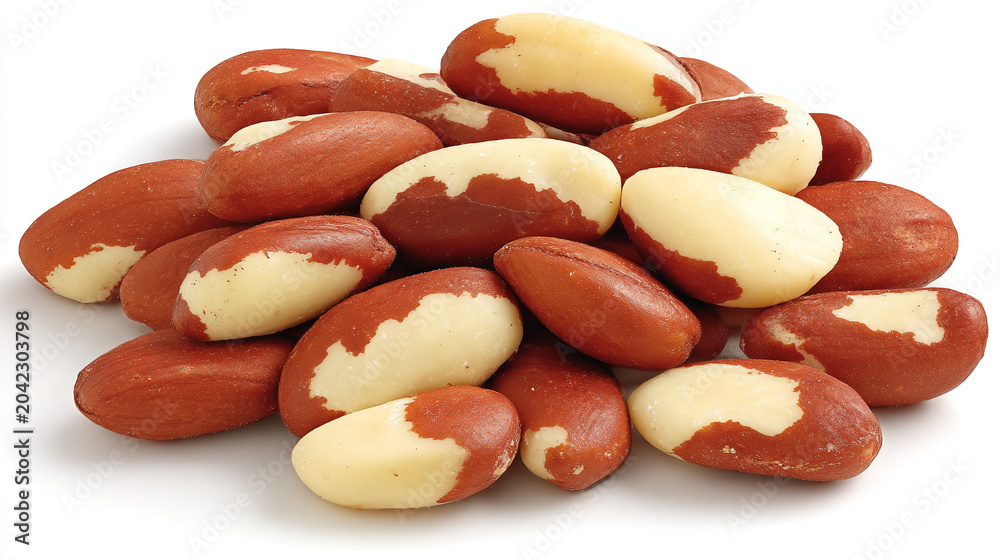 Fototapeta premium A large heap of raw shelled brazil nuts isolated on a pure white background