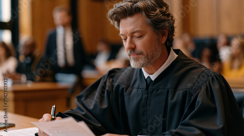 Municipal court judge in black robe reviewing pretrial motions during busy summer docket morning as bailiff stands beside defendant table and spectator benches fill with families .ultra photorealism