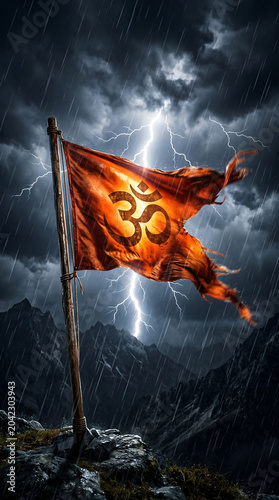 Two Sacred Orange Om Flags Flying Together 
on Mountain with Lightning Storm, Sanatan 
Dharm Powerful Symbol Spiritual Cinematic Art