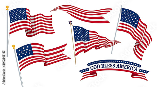 Set of american flags waving and god bless america ribbon with american
