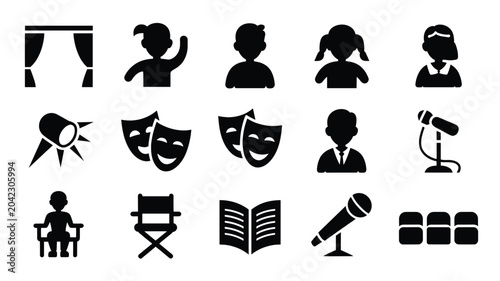 Set of 15 Black Theater and Stage Icon Vector Graphics
