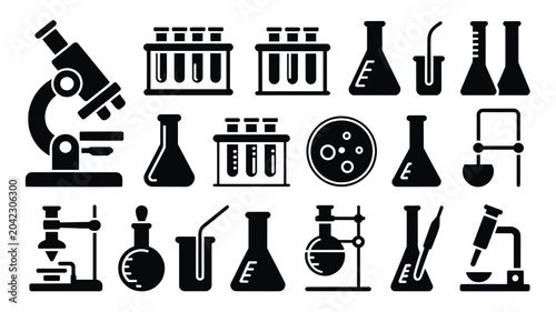 Fotografie Set of 20 Black Science Laboratory Equipment Vector Icons