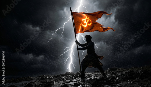 Hindu Warrior Planting Sacred Om Flag with 
Lightning Strike in Dark Storm Clouds, 
Sanatan Dharm Epic Cinematic Spiritual Art