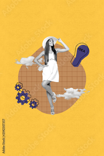 Fotografie Vertical pop poster sketch art collage of happy businesswoman receive light bulb