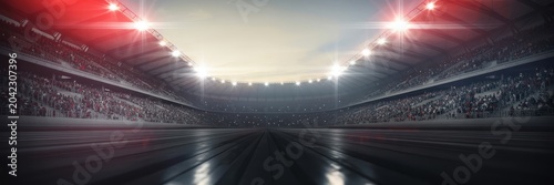 Professional athletic track inside large stadium under dramatic lighting.
