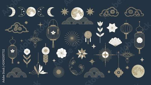 collection of celestial symbols vector moon stars clouds lanterns flowers illustration pattern design icon astronomy night sky ornament decorative graphic art