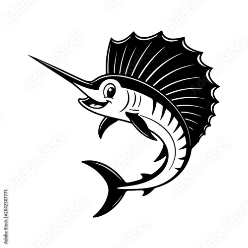 Funny sailfish cartoon silhouette with big dorsal fin and smiling face, cute black and white ocean fish vector illustration isolated on white background