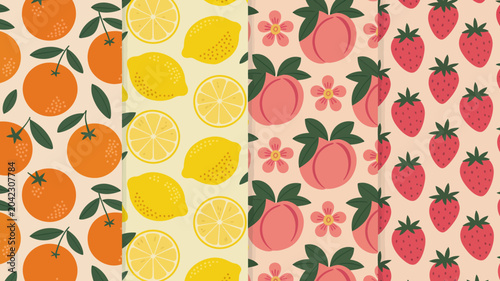 Bilde på lerret four distinct fruit patterns vector pattern orange lemon peach strawberry slice