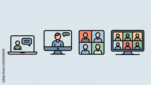 video call icons flat illustration communication online meeting people screens laptop computer monitor group conversation virtual teamwork collaboration interface design graphic
