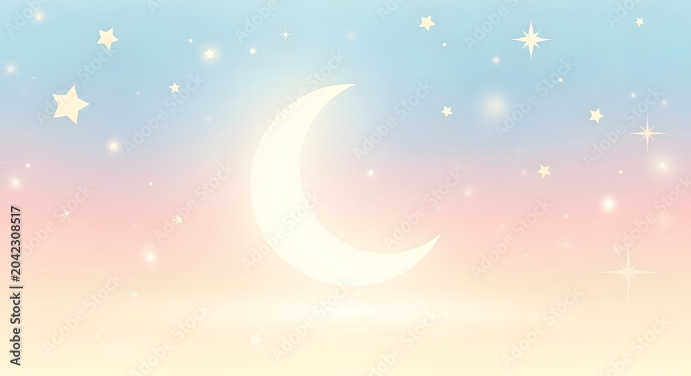 Naklejka premium A serene night sky with a crescent moon and stars shining brightly in a pastel colored background