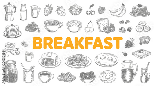 breakfast food collection sketch pancakes strawberries bananas cherries coffee milk eggs toast fruits beverage dessert hand drawn illustration black and white white background meal nutrition