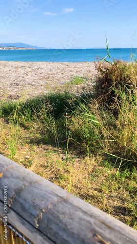 Vertical reveal shot moving from a reed fence to a sandy beach in Alghero, Sardinia. Mediterranean coastal scenery with sea view and summer travel atmosphere.