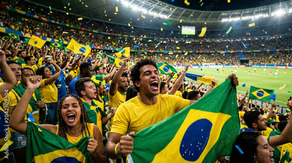 Obraz premium Passionate Brazilian football fans celebrate with flags and confetti in stadium