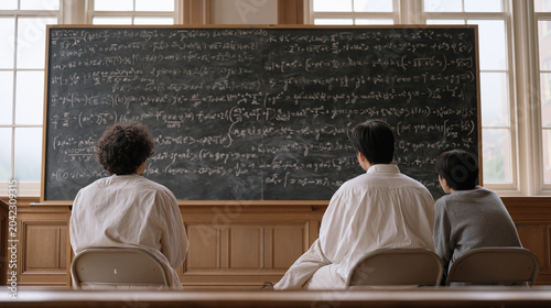 Algorithm theorist sketches quantum speedup advantage proof in chalk on full blackboard, university seminar room empty except for two collaborators leaning in from folding chairs,