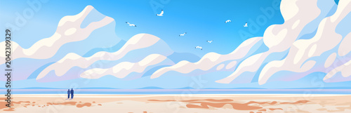 Summer beach landscape wide clouds sky seagulls people walking shoreline sandy coast blue horizon minimalist banner