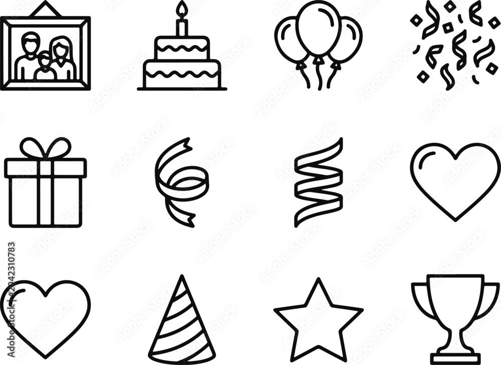 Naklejka premium Black and white line art birthday icons