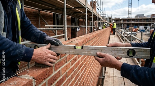 Construction workers using a spirit level to check the alignment of a newly laid brick wall on a building site scaffolding